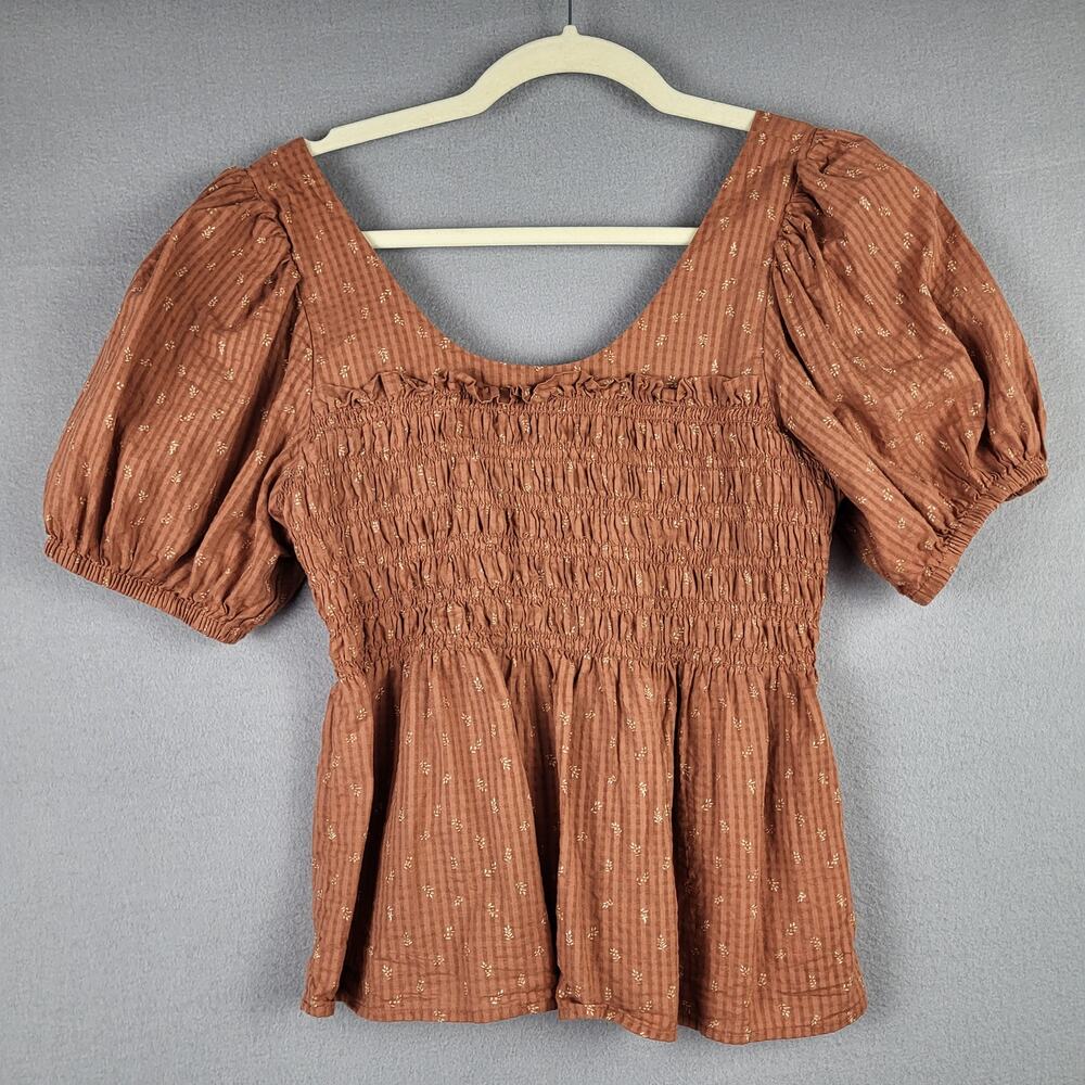 Madewell Size 4 Bubble Sleeve Smocked Peplum Top Orange Rust Cottagecore Prairie
